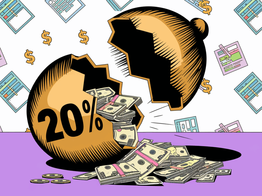 A golden egg cracking open to reveal cash, with "20%" etched on the shell.