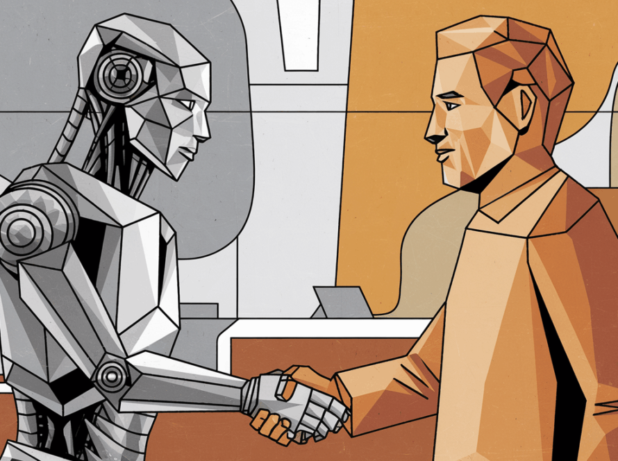 A robot and human shaking hands, representing AI collaboration.