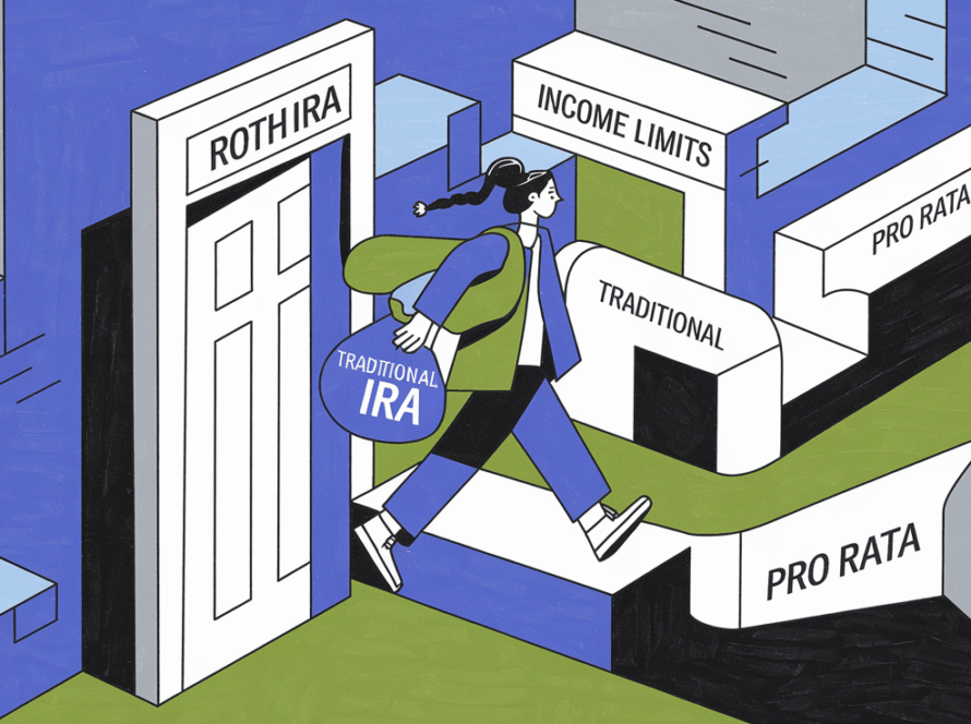 A person carrying a "Traditional IRA" bag walking through a "Roth IRA" doorway, bypassing obstacles like "Income Limits."