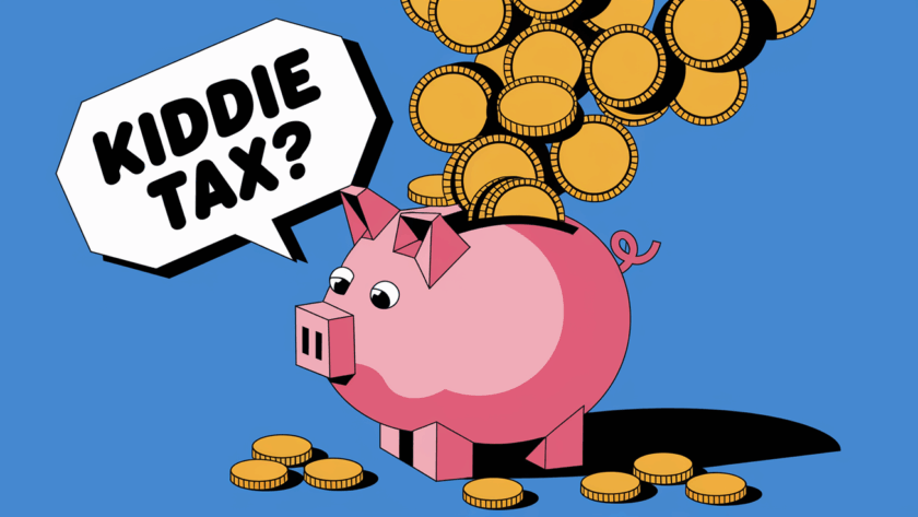 A graphic illustration of a piggy bank with a speech bubble saying "Kiddie Tax?"