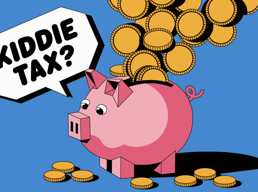 A graphic illustration of a piggy bank with a speech bubble saying "Kiddie Tax?"