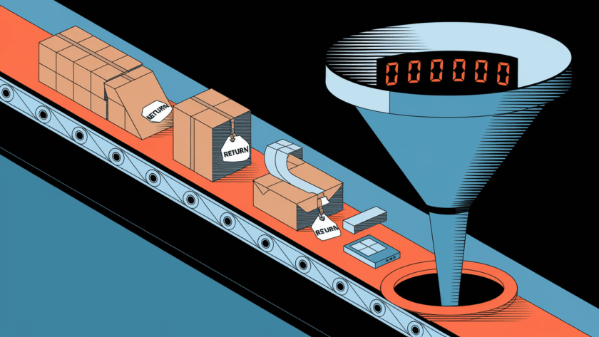 A conveyor belt with returned products leading to a funnel, symbolizing the financial impact of returns.