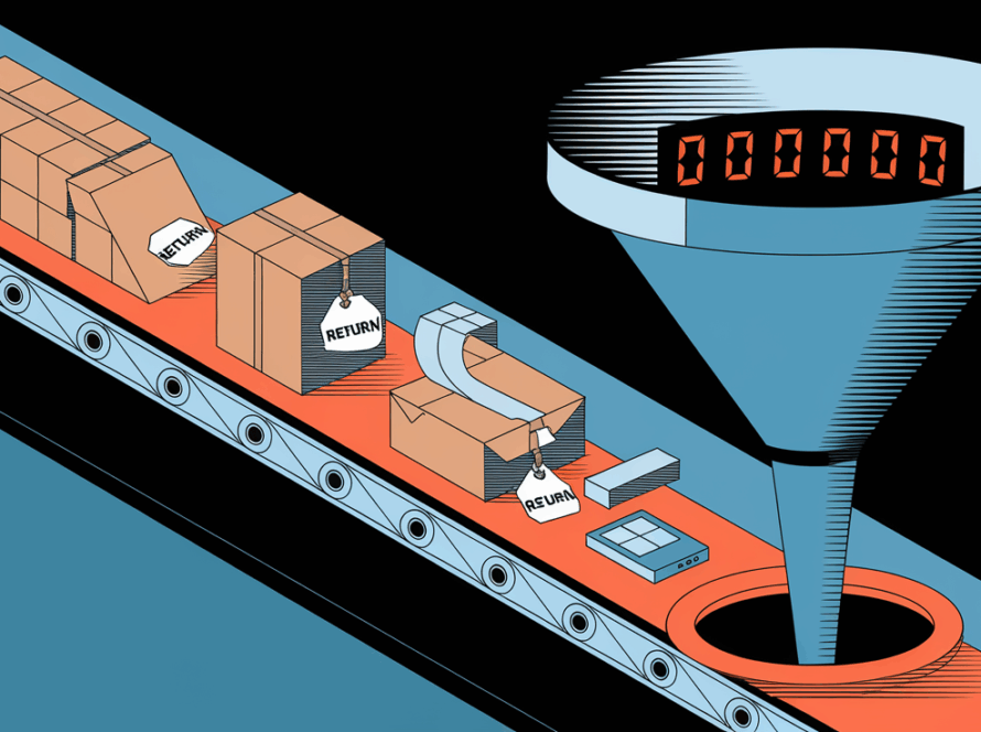 A conveyor belt with returned products leading to a funnel, symbolizing the financial impact of returns.