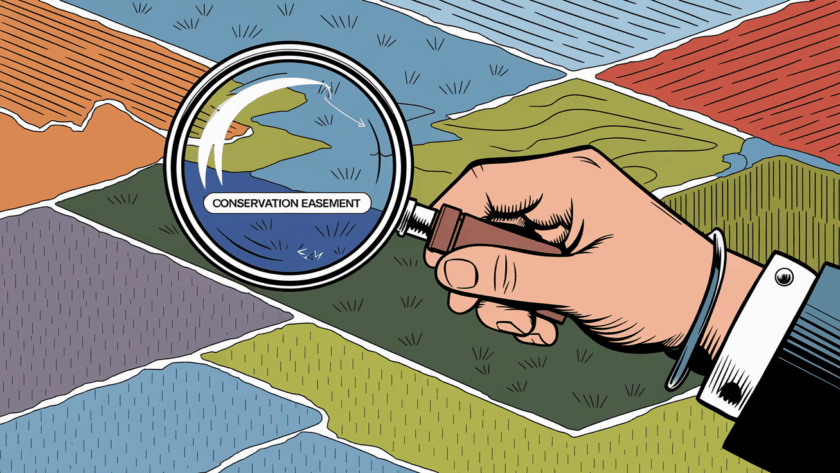 A graphic illustration of a magnifying glass inspecting a landscape with a highlighted section labeled "Conservation Easement."