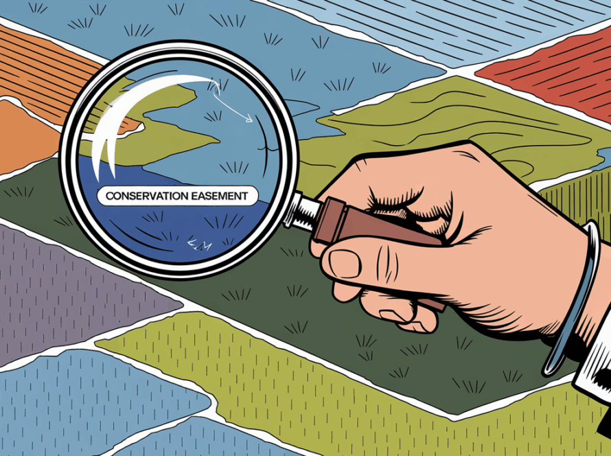 A graphic illustration of a magnifying glass inspecting a landscape with a highlighted section labeled "Conservation Easement."