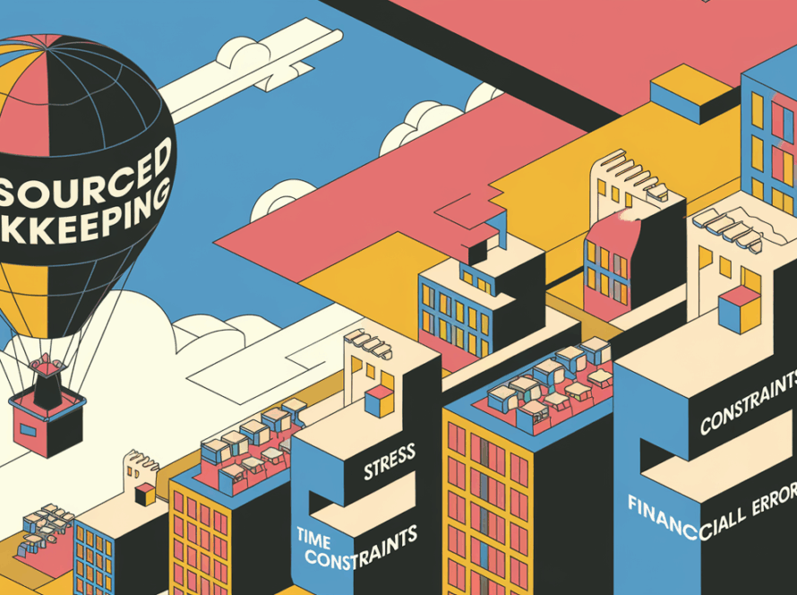 A hot air balloon labeled "Outsourced Bookkeeping" rising above a city.