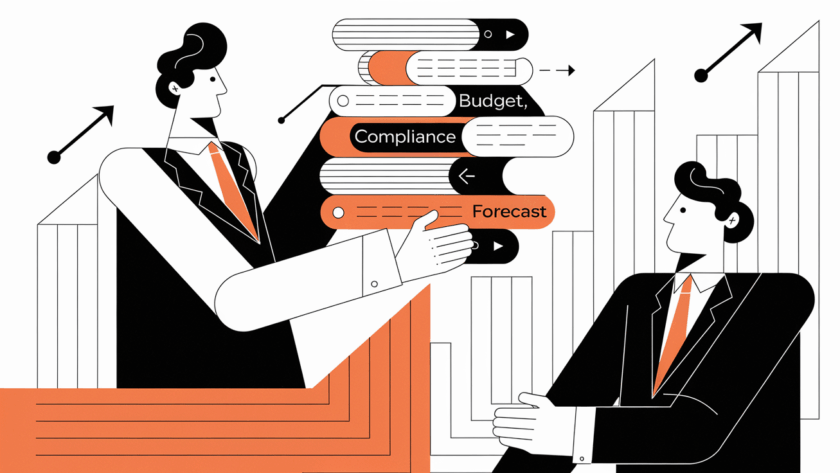 A businessperson passing financial documents to an outsourced controller.