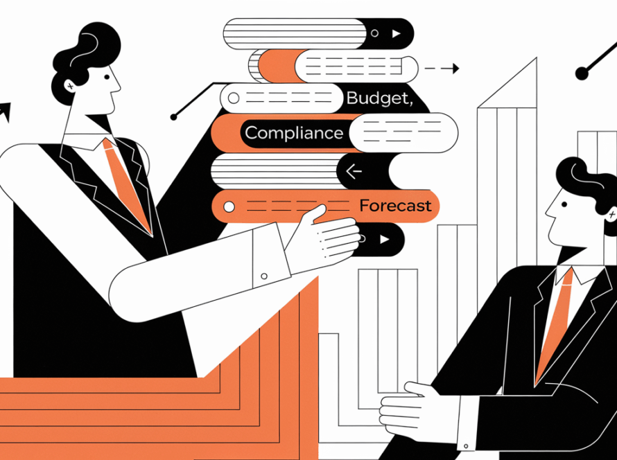 A businessperson passing financial documents to an outsourced controller.