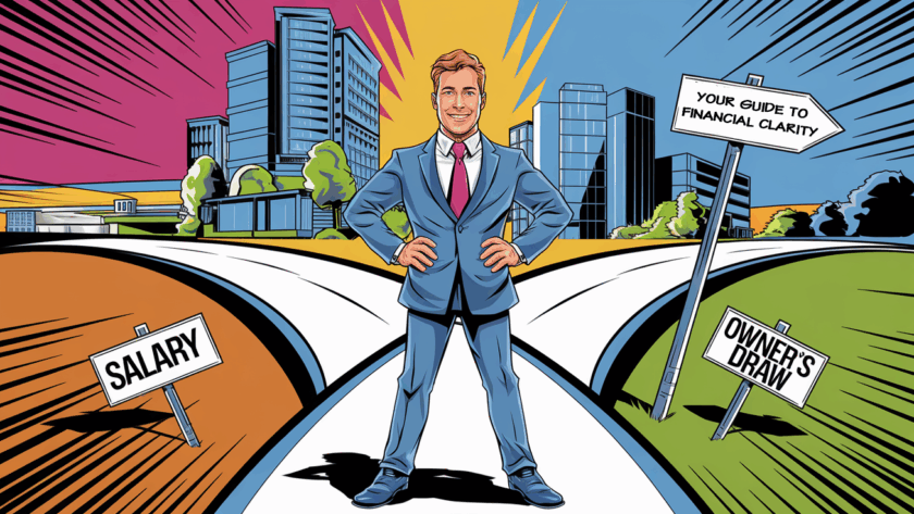 Business owner at a crossroads choosing between "Salary" and "Owner's Draw."