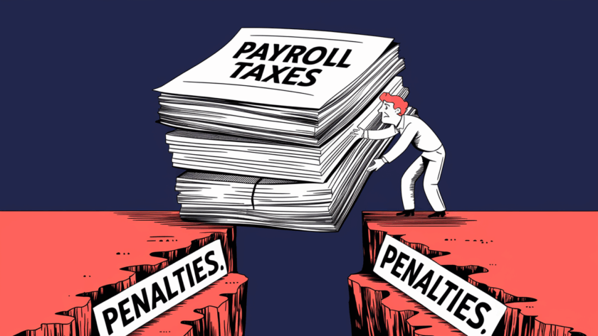 A stack of papers labeled "Payroll Taxes" about to fall into a chasm.