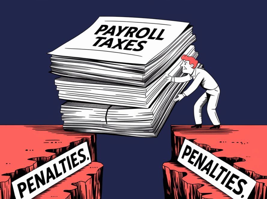 A stack of papers labeled "Payroll Taxes" about to fall into a chasm.