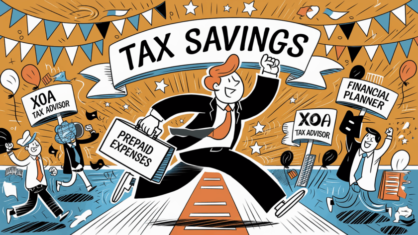 An advertising illustration of a business owner confidently achieving tax savings with the help of prepayment strategies and expert advice.