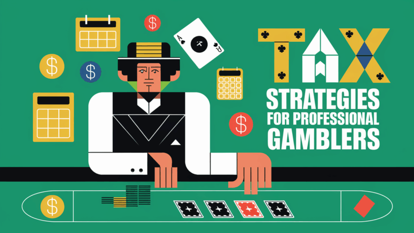 A graphic illustration of a poker player surrounded by tax-related icons.