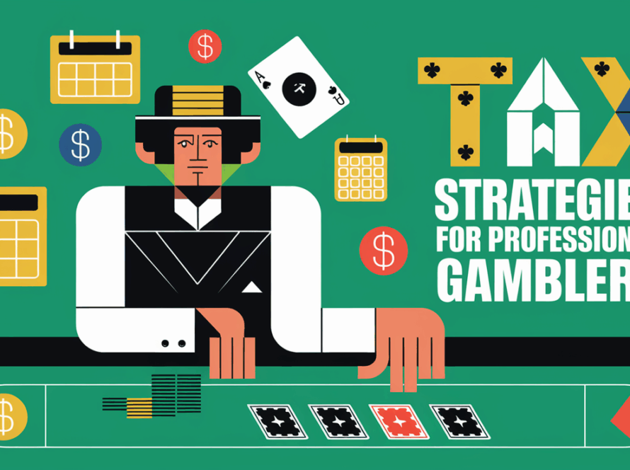 A graphic illustration of a poker player surrounded by tax-related icons.