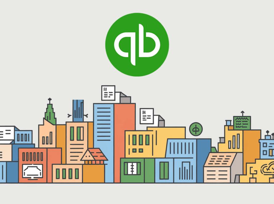 A stylized cityscape with icons representing QuickBooks Online features.