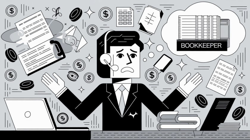 A small business owner juggling multiple tasks while thinking about hiring a bookkeeper.