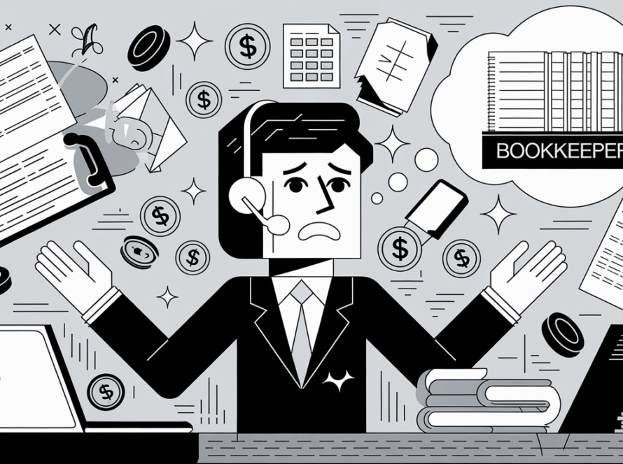 A small business owner juggling multiple tasks while thinking about hiring a bookkeeper.