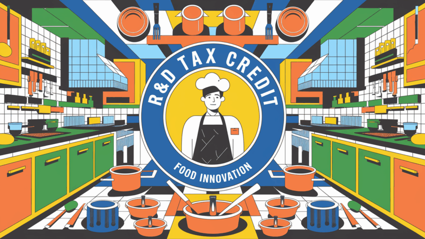 A block illustration of a chef surrounded by icons representing food innovation, R&D, and tax breaks.