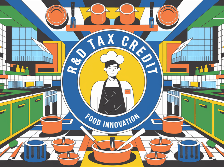 A block illustration of a chef surrounded by icons representing food innovation, R&D, and tax breaks.