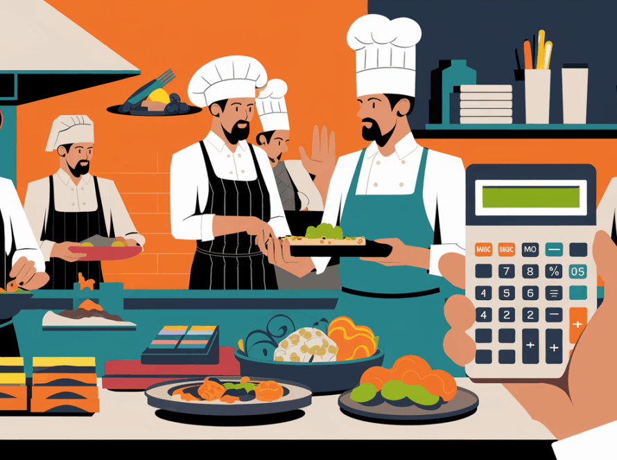 Block illustration of a restaurant kitchen with chefs and a calculator.