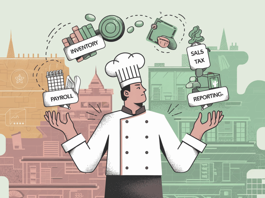 Watercolor illustration of a chef juggling bookkeeping tasks.