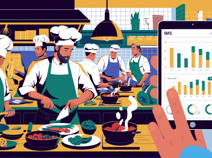 A vibrant illustration of a restaurant kitchen with chefs and a manager using an IMS tablet.