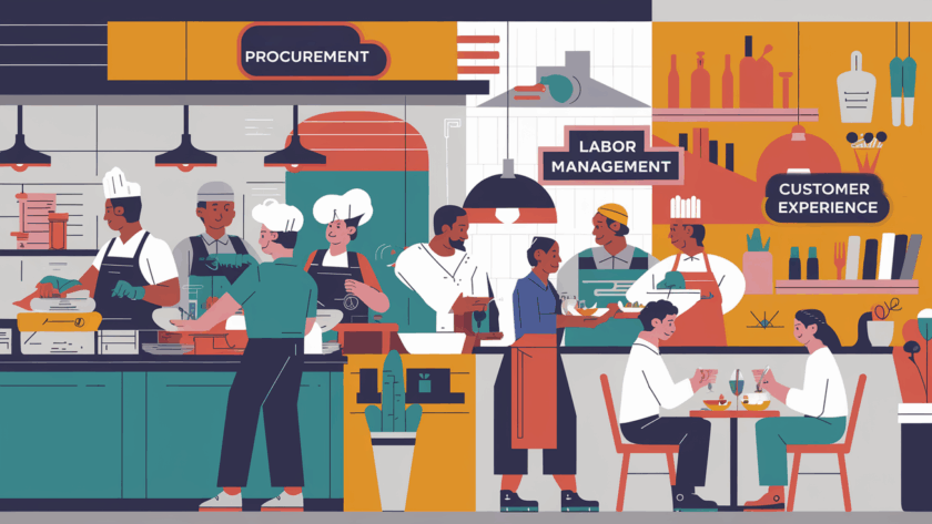 A vibrant block illustration of a busy restaurant, highlighting key elements of operations management.
