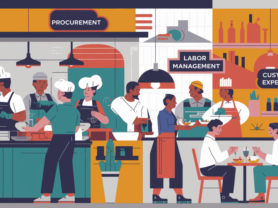A vibrant block illustration of a busy restaurant, highlighting key elements of operations management.