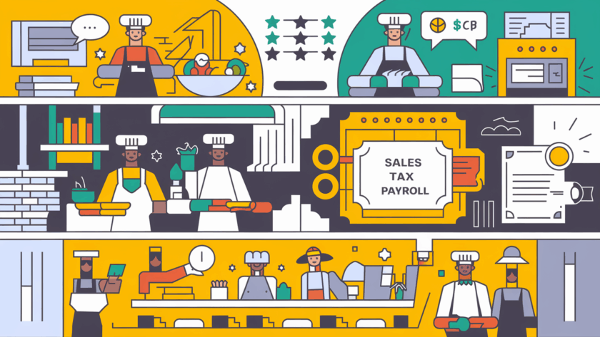 A block illustration depicting the key aspects of restaurant finances: sales tax, payroll, and compliance.