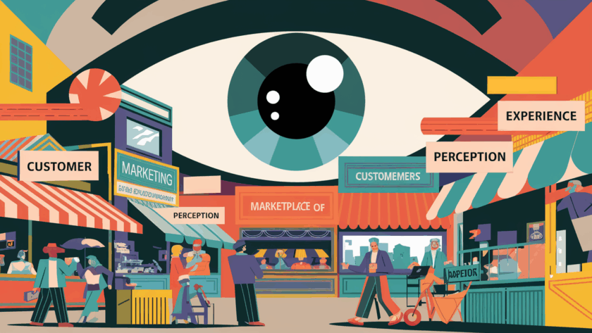 A large eye observes a busy marketplace with signs emphasizing "Customer," "Experience," and "Perception."