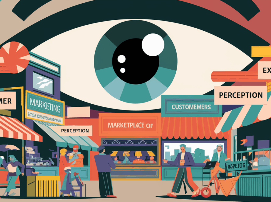 A large eye observes a busy marketplace with signs emphasizing "Customer," "Experience," and "Perception."