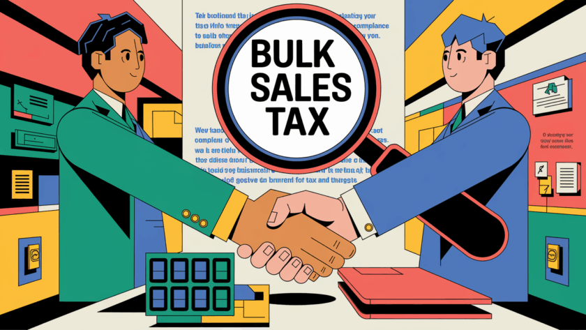 A block illustration showing a handshake between a business owner and a buyer, with a magnifying glass examining the transaction for bulk sales tax compliance.