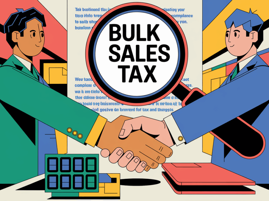 A block illustration showing a handshake between a business owner and a buyer, with a magnifying glass examining the transaction for bulk sales tax compliance.