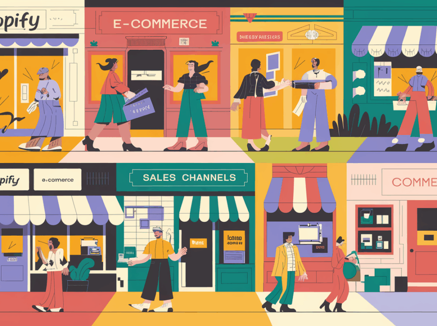 A vibrant block illustration depicting a bustling online marketplace with various storefronts representing different sales channels.