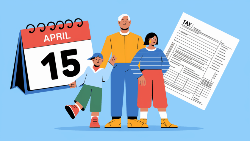 Advertising illustration of a family with a tax return form, calendar, and the keyword "Refund."