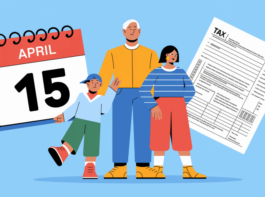 Advertising illustration of a family with a tax return form, calendar, and the keyword "Refund."