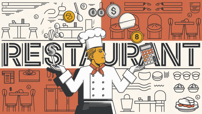 A chef juggling financial symbols and kitchen tools, representing the challenges of restaurant financial management.