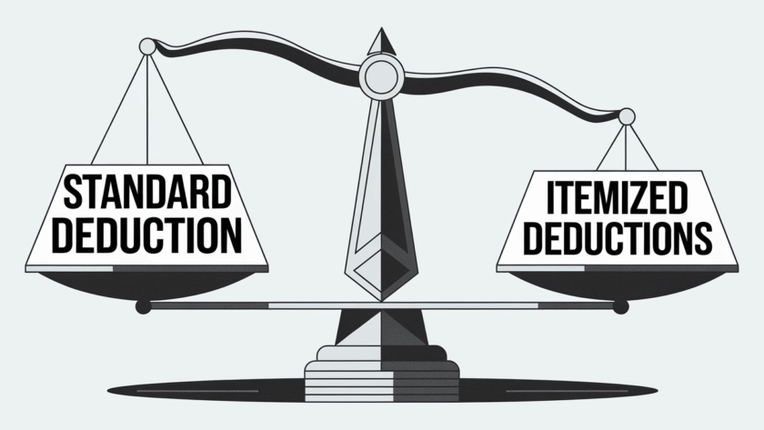 Block illustration of a balance scale with "Standard Deduction" on one side and "Itemized Deductions" on the other.