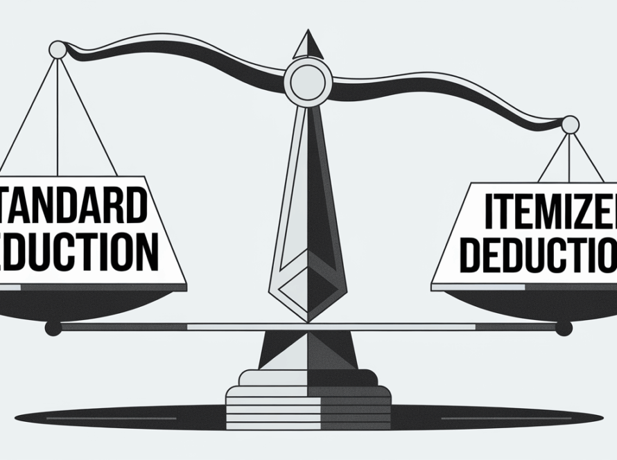 Block illustration of a balance scale with "Standard Deduction" on one side and "Itemized Deductions" on the other.