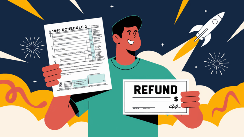 An advertising illustration of a happy taxpayer holding a completed Form 1040 Schedule 3 and a refund check, with the keyword "Refund" prominently displayed.