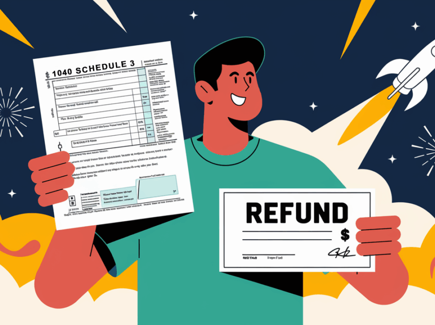 An advertising illustration of a happy taxpayer holding a completed Form 1040 Schedule 3 and a refund check, with the keyword "Refund" prominently displayed.