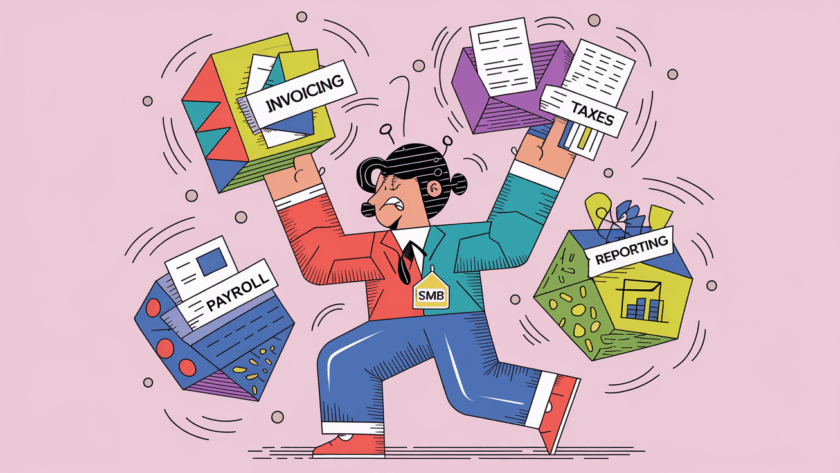 A person juggling colorful shapes labeled with accounting tasks, looking overwhelmed.