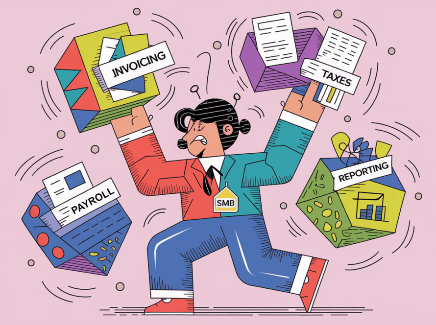A person juggling colorful shapes labeled with accounting tasks, looking overwhelmed.