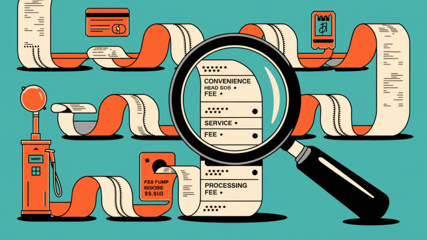 A magnifying glass inspecting a receipt with hidden fees.