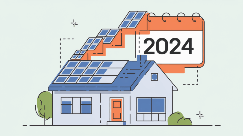 A house with expanding solar panels and a calendar showing the year 2024.