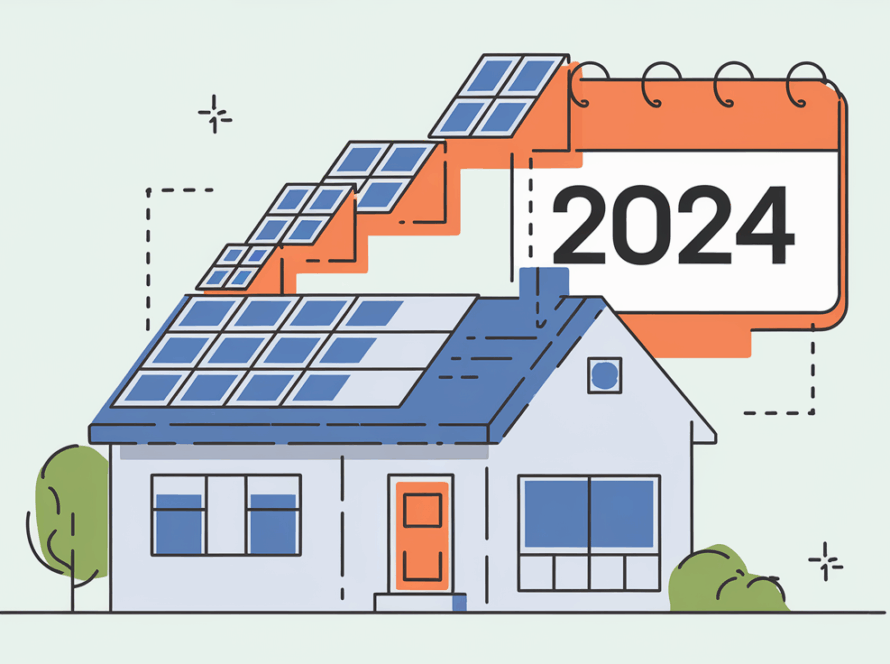 A house with expanding solar panels and a calendar showing the year 2024.