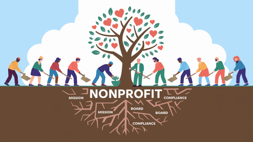 People planting a tree labeled "Nonprofit."
