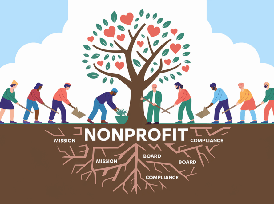 People planting a tree labeled "Nonprofit."