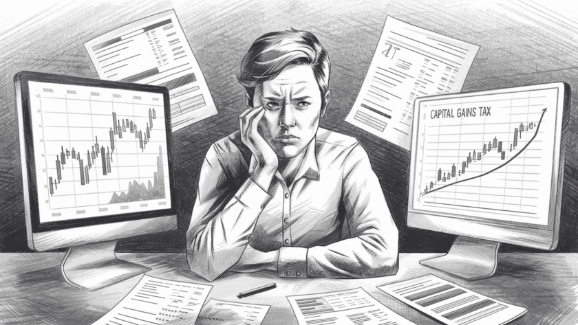 Pencil illustration of a person reviewing financial documents and a stock market chart, representing the complexities of investment tax planning.