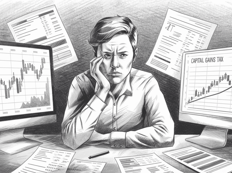 Pencil illustration of a person reviewing financial documents and a stock market chart, representing the complexities of investment tax planning.